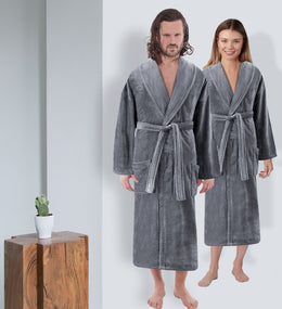 Velour Shawl Collar Luxury Turkish Cotton Bathrobe One Big Size Fits All - Classic Turkish Towels